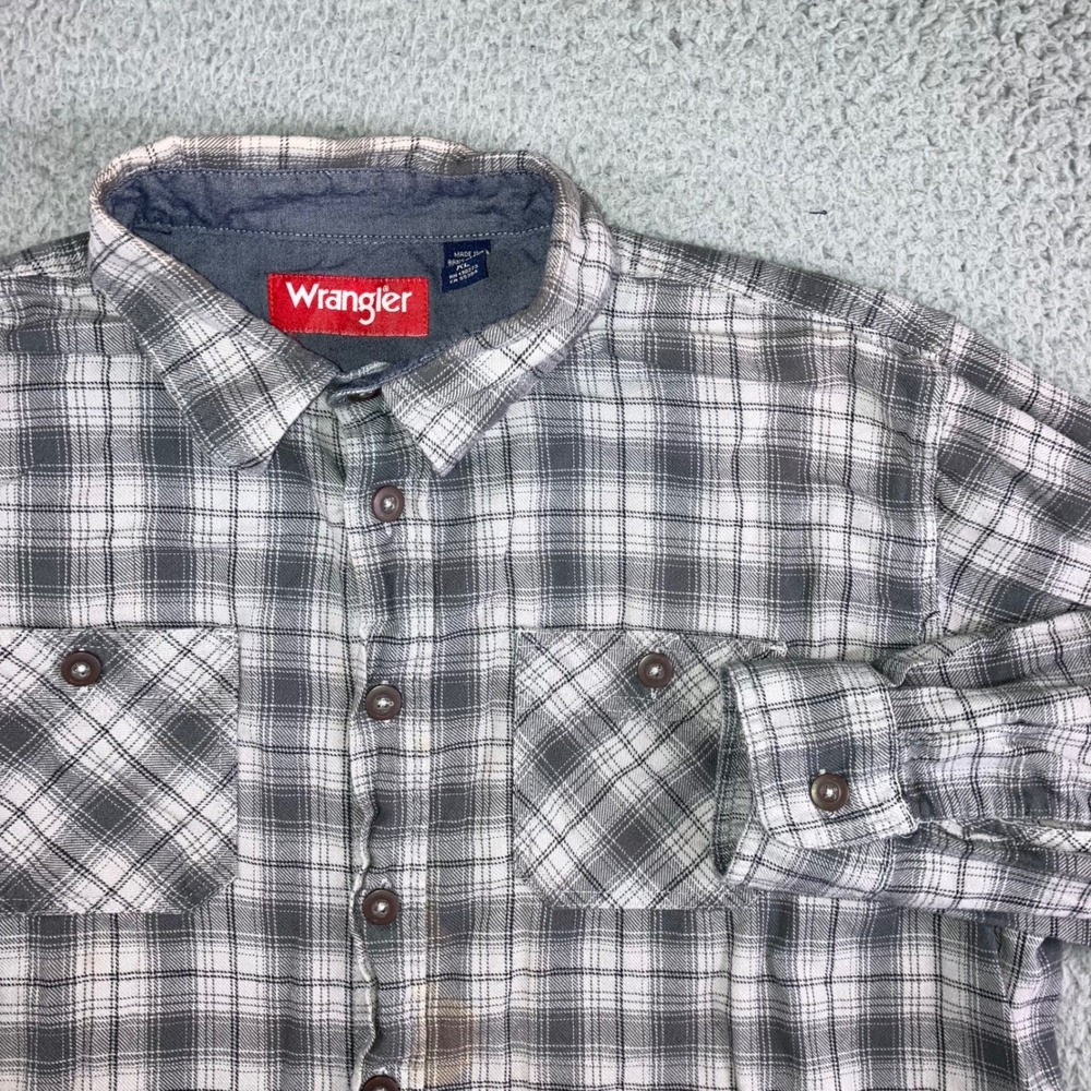 Wrangler Plaid Shirt Men XL Gray L/S Cotton Flannel Lumberjack Outdoor Workwear
